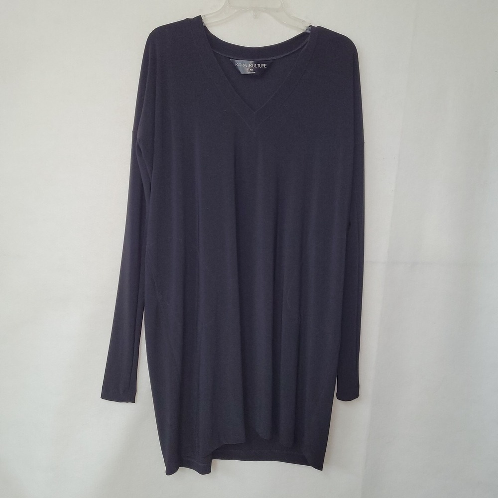 KAMALI KULTURE by Norma Kamali Black V Neck Long Sleeve Tunic Dress XS Pockets